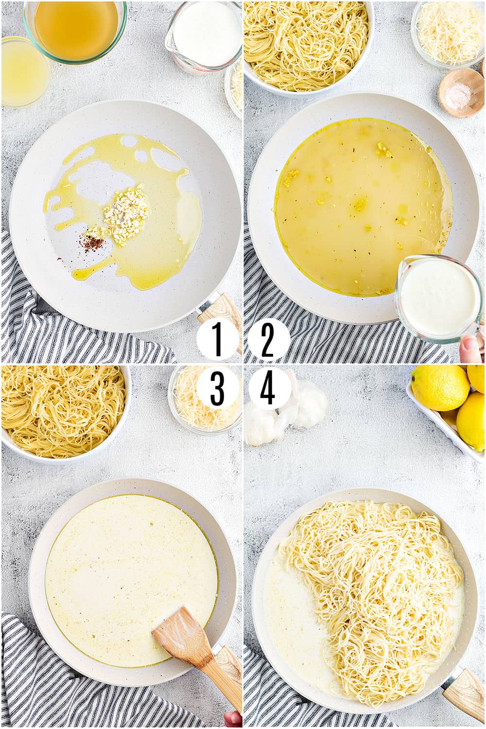 Step by step photos showing how to make lemon pasta.