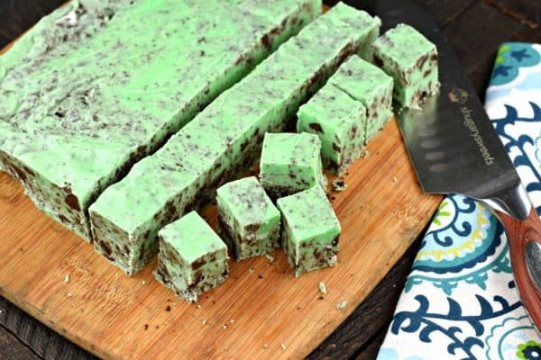 Mint Chocolate Oreo Fudge on cutting board