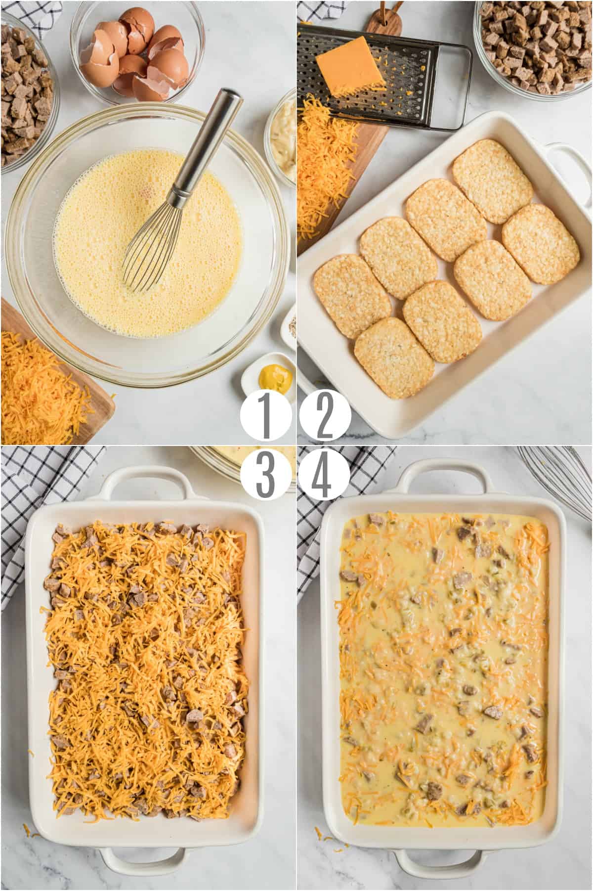 Step by step photos showing how to make overnight egg casserole.