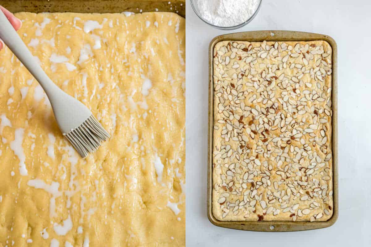 Left: Brushing glaze on dough for almond bars. Right: Baked almond bars recipe topped with sliced almonds on a baking sheet.