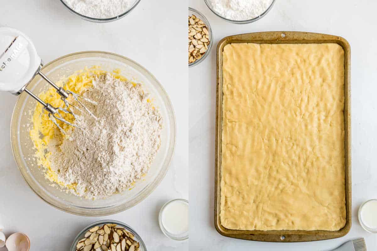 Left: Mixing flour into dough with a hand mixer; Right: Dough for almond bars recipe pressed evenly into a baking sheet.