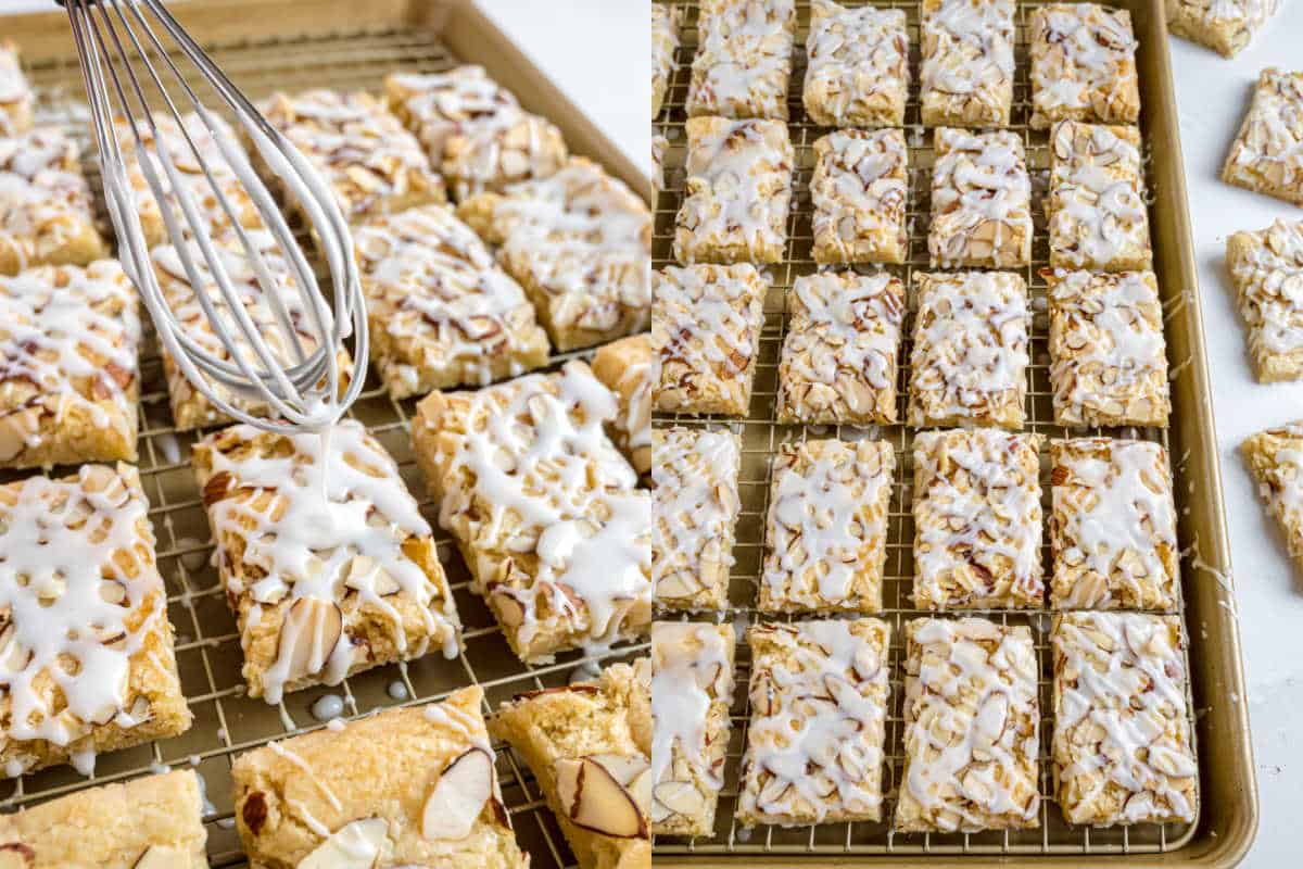 A whisk drizzles icing over almond-topped bars; these glazed treats from an almond bars recipe cool on a wire rack and baking sheet.