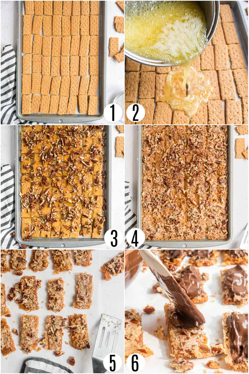 Step by step photos showing how to make graham cracker toffee.