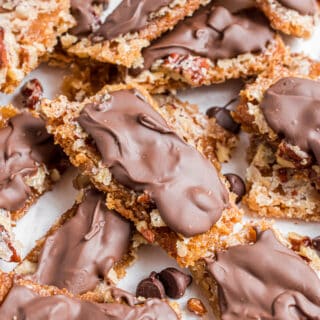 Nobody will guess that this sweet toffee starts with graham crackers. Brickle Bars are the next best thing to homemade candy! Topped with pecans and melted chocolate, these are delicious!