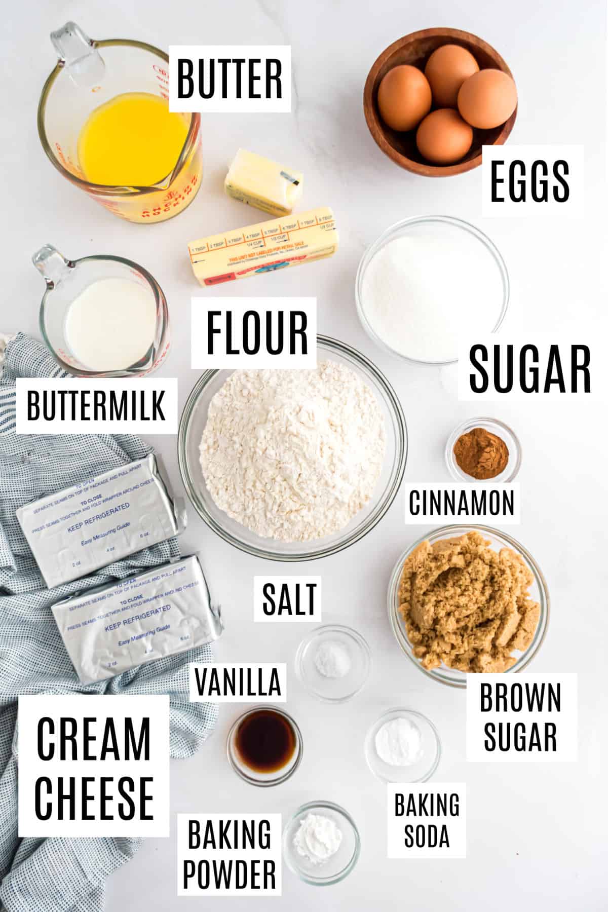 Ingredients needed to make cream cheese coffee cake.