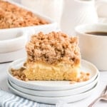 Thick Cream Cheese Coffee Cake has a layer of cheesecake and is topped with a crunchy Cinnamon Streusel. You'll love the moist texture with ribbon of cream cheese!