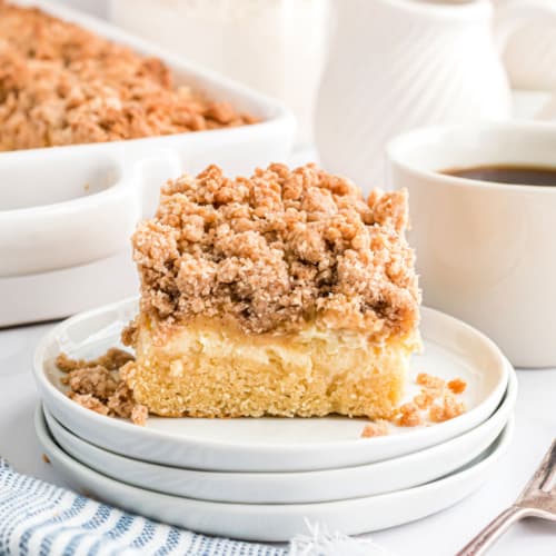 Thick Cream Cheese Coffee Cake has a layer of cheesecake and is topped with a crunchy Cinnamon Streusel. You'll love the moist texture with ribbon of cream cheese!