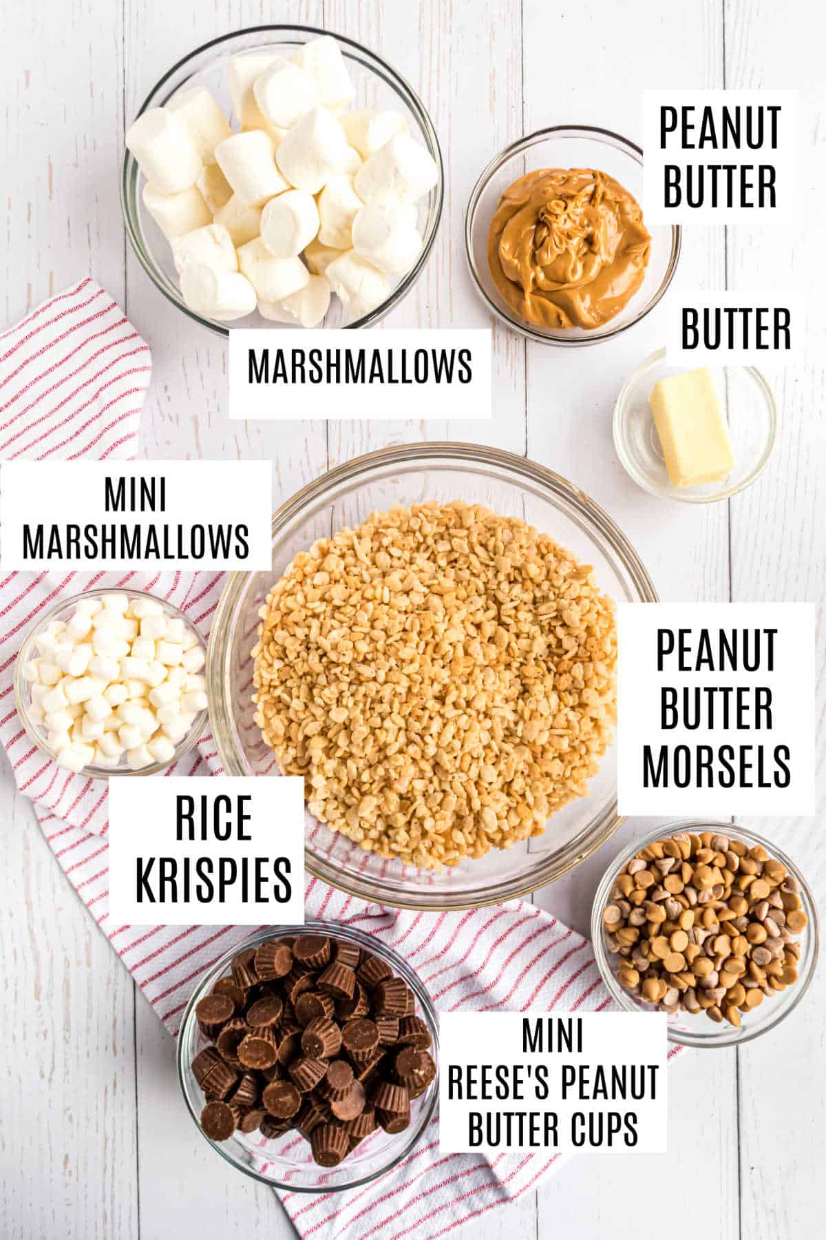 Ingredients needed to make peanut butter krispie treats.