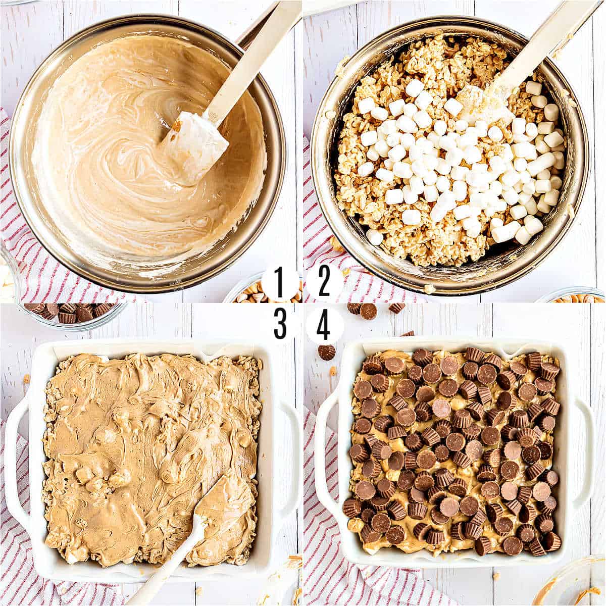 Step by step photos showing how to make peanut butter krispie treats.