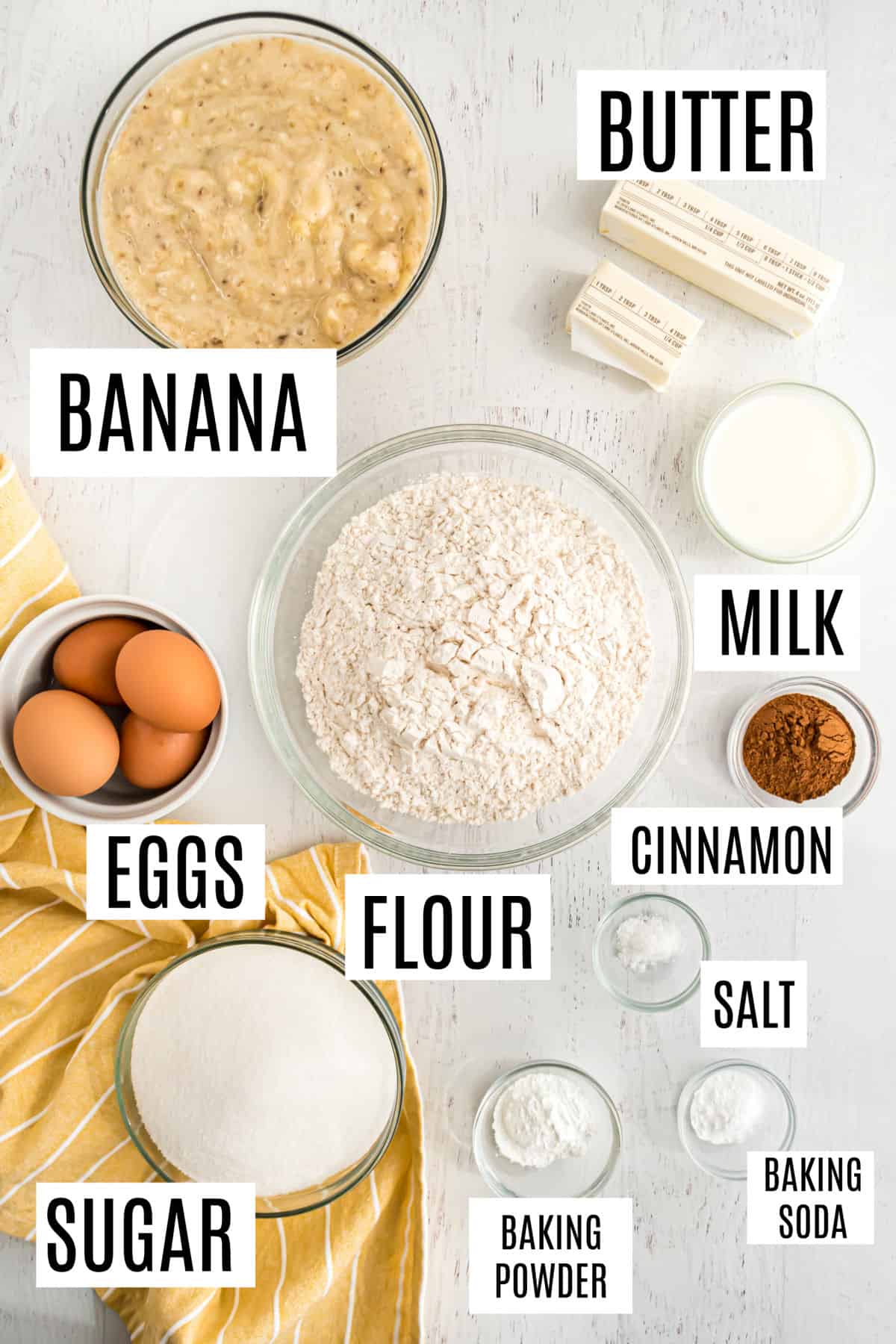 Ingredients needed to make snickerdoodle banana bread.