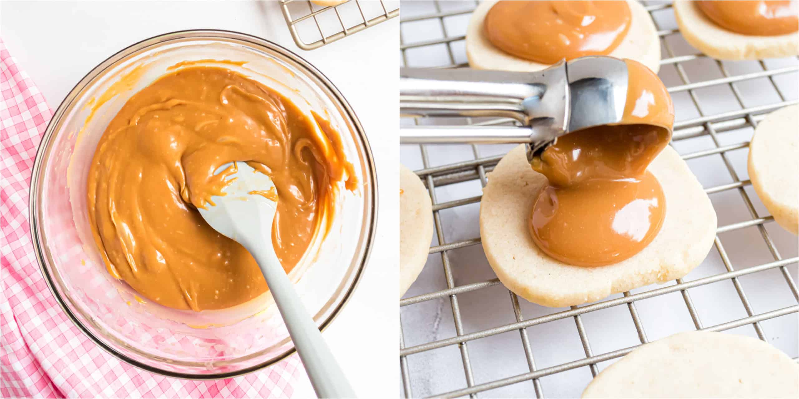 Step by step photos showing how to make caramel layer for twix cookies.