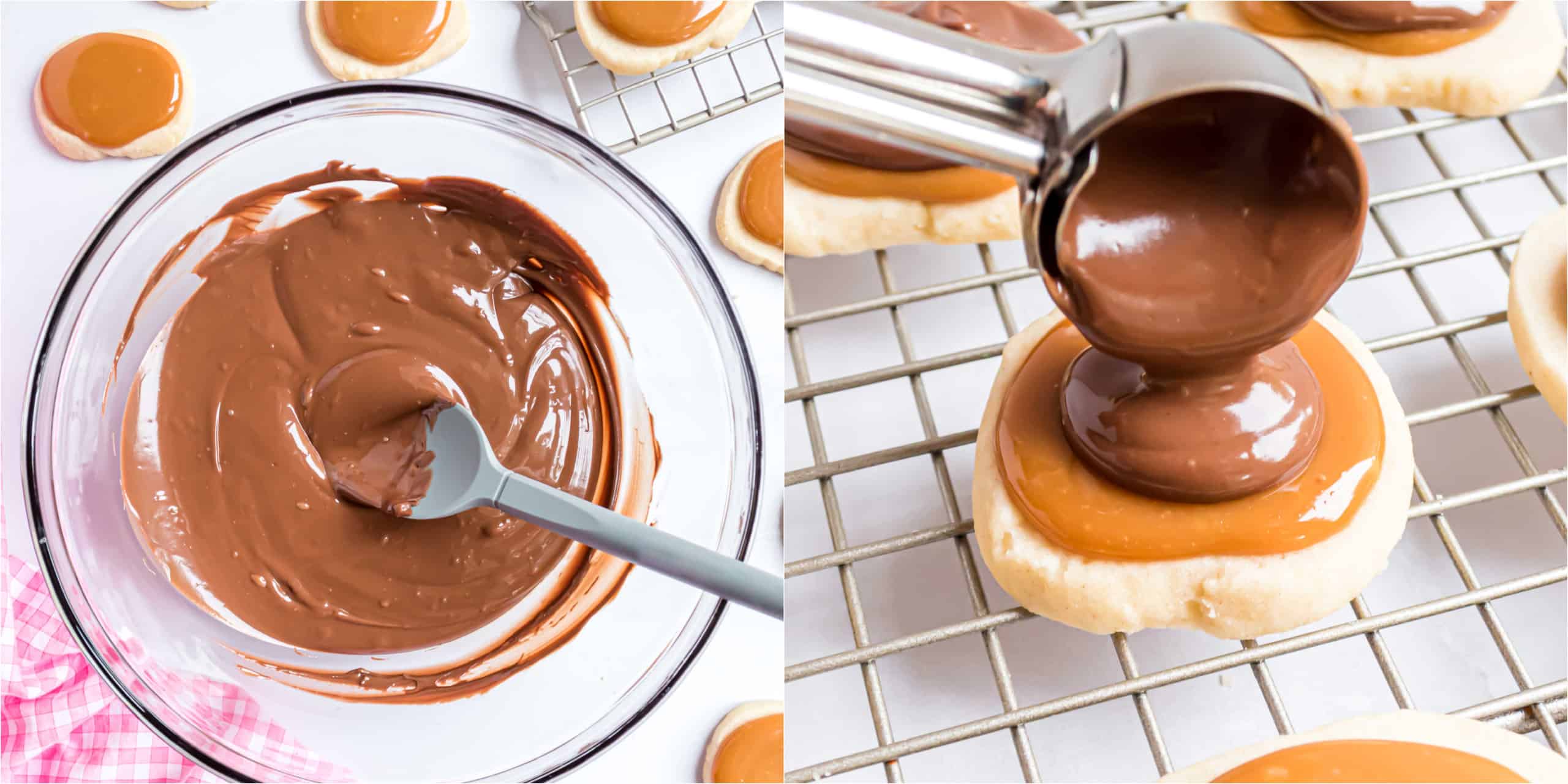 Step by step photos showing how to make chocolate layer of twix cookies.