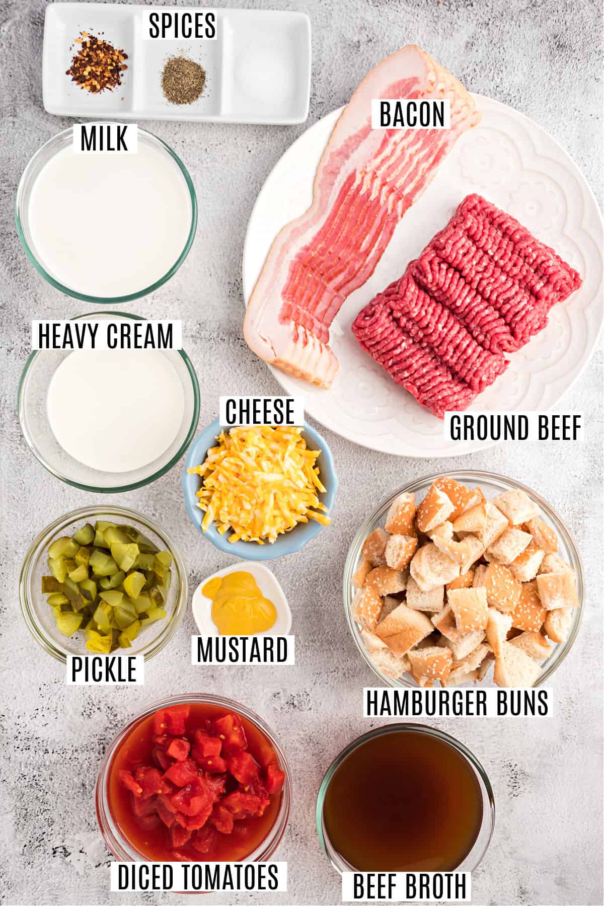 Ingredients needed to make bacon cheeseburger soup.