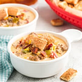 Looking for a dinner idea that's a little different but still delicious? Bacon Cheeseburger Soup is made in 30 minutes, and will be devoured with enthusiasm by kids and adults!