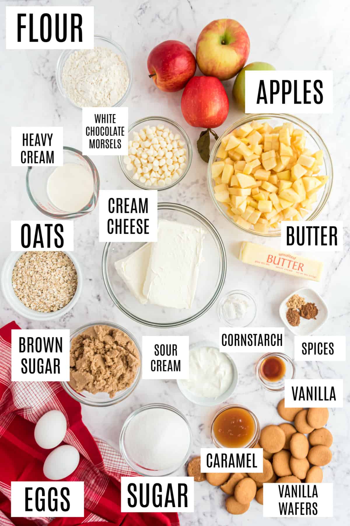 Ingredients needed to make caramel apple cheesecake bars.