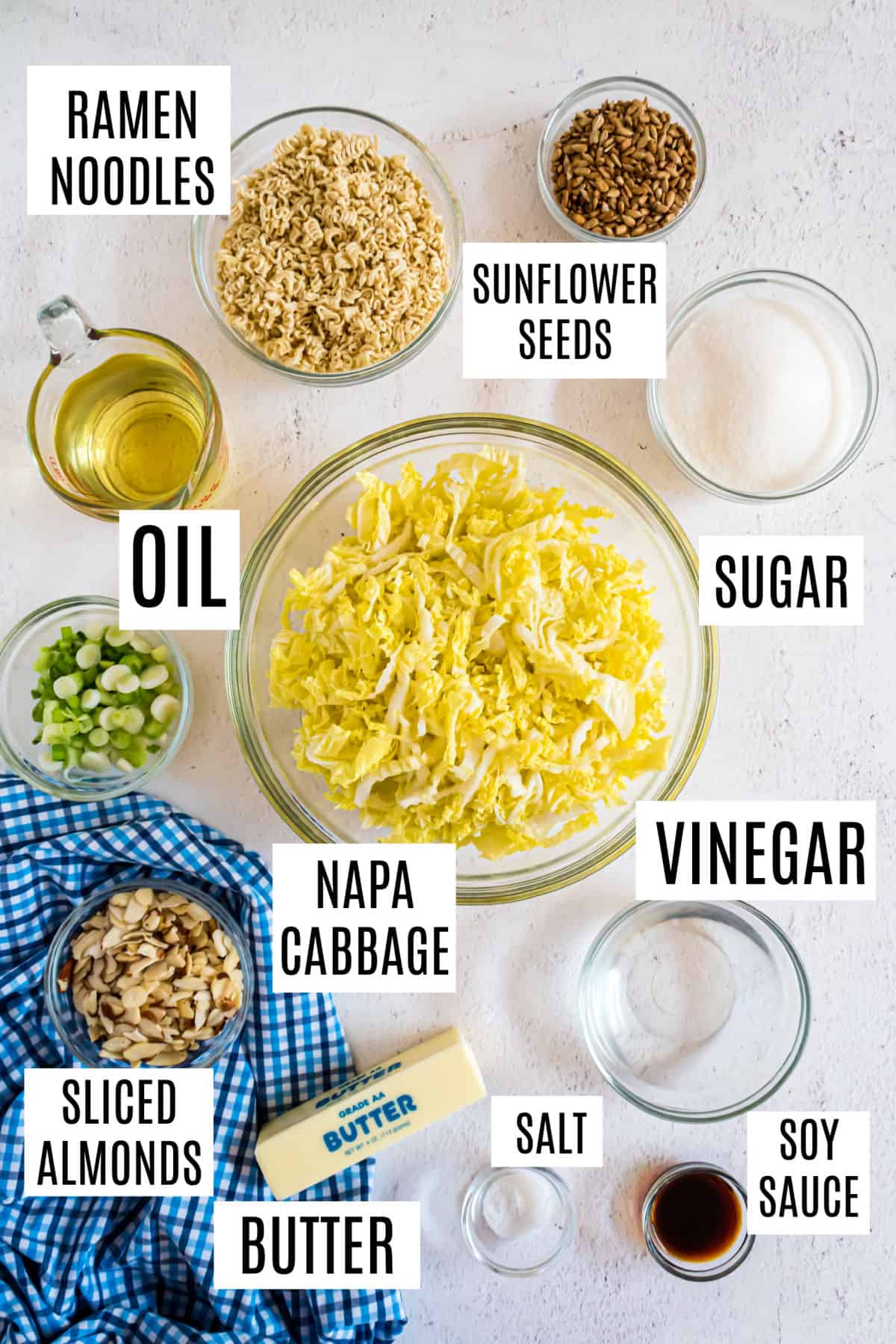 Ingredients needed to make chinese coleslaw.