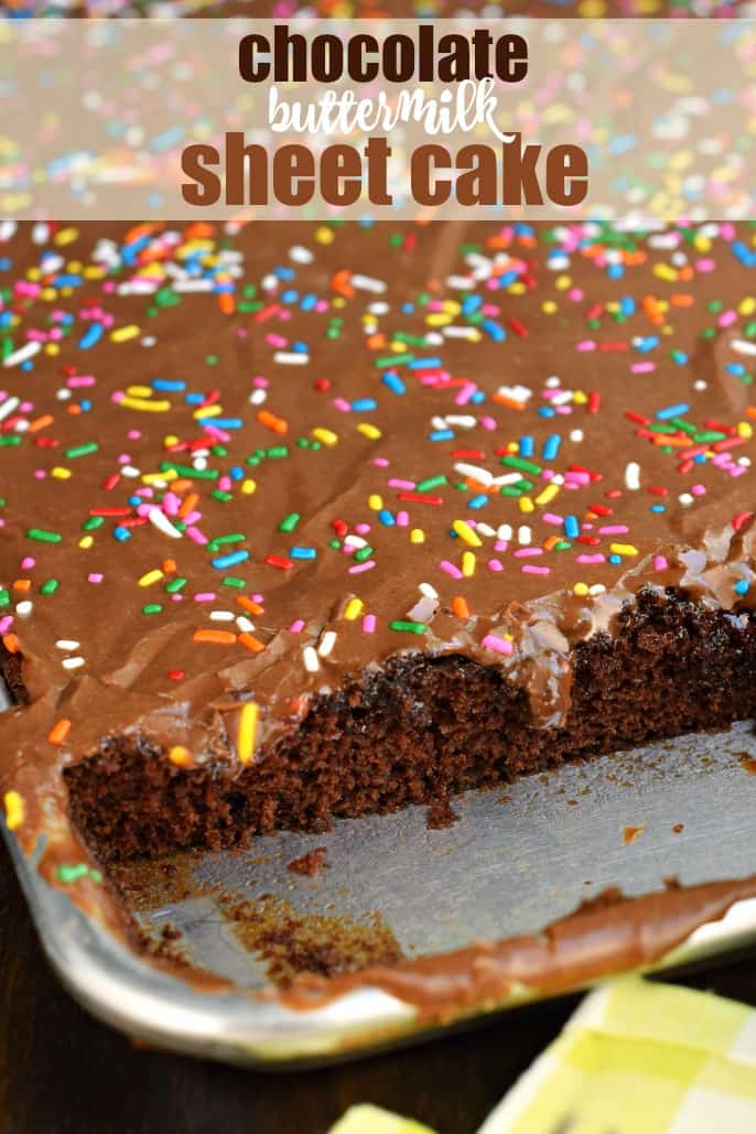 Chocolate texas sheet cake with colorful sprinkles.