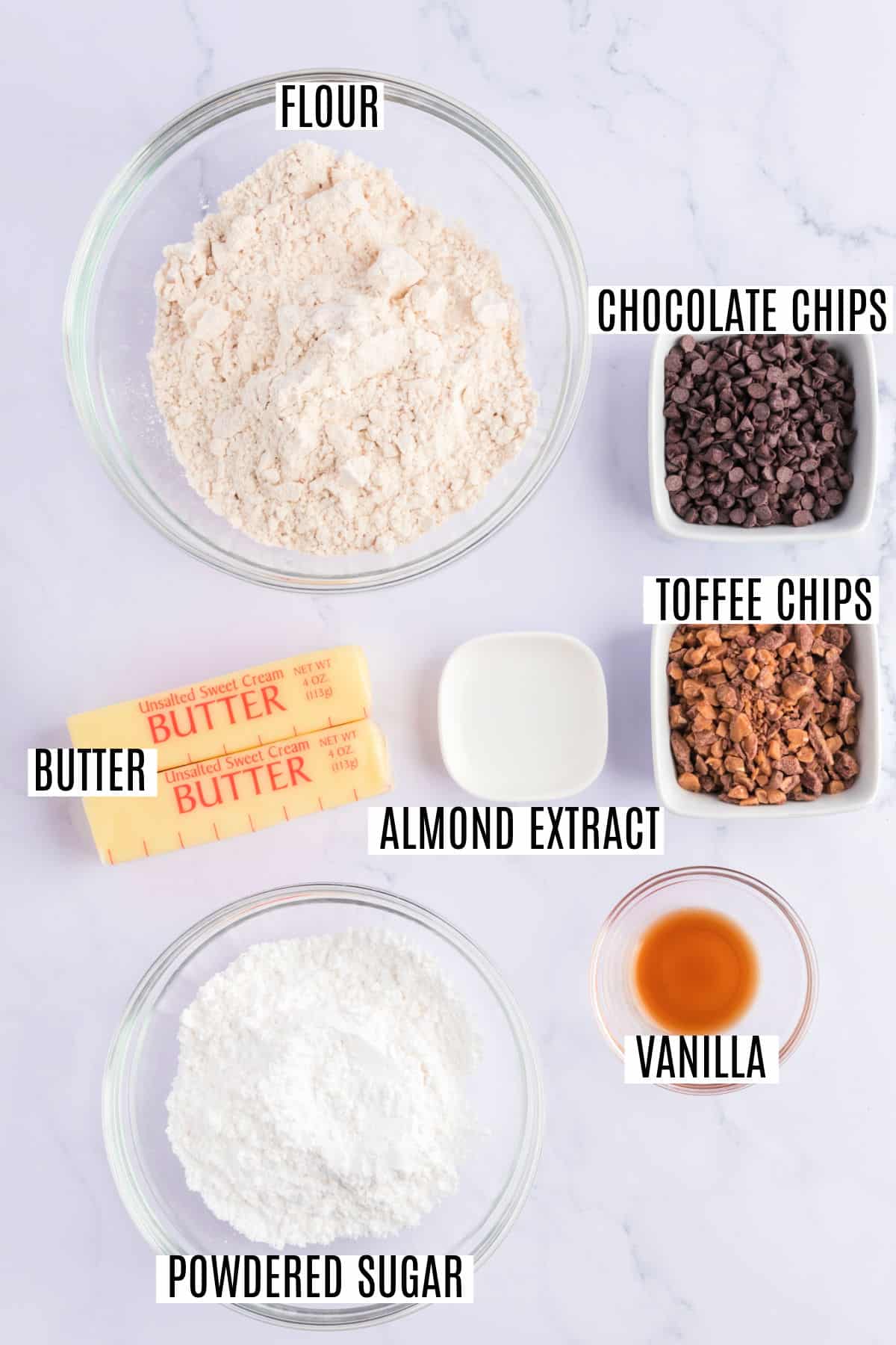 Ingredients needed to make chocolate chip shortbread cookies.