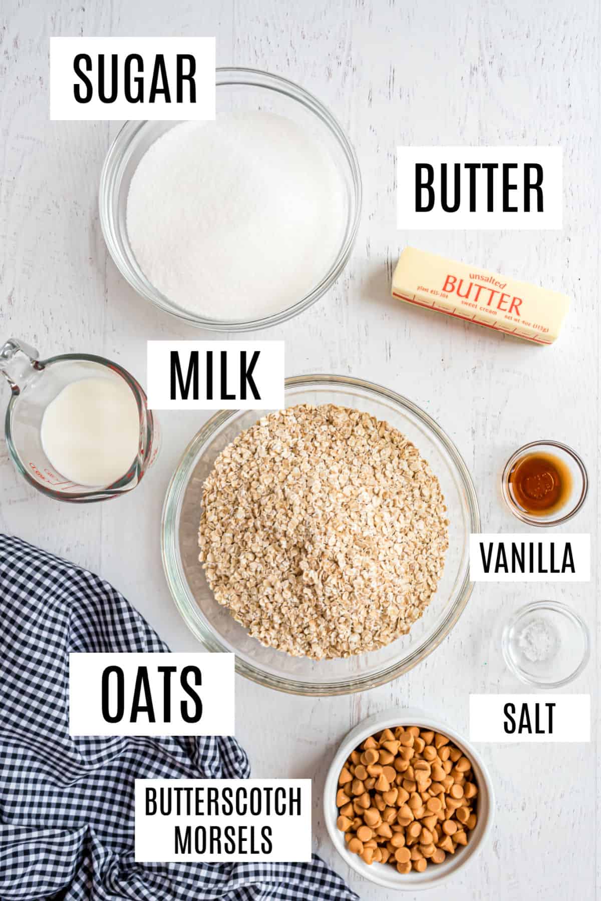 Ingredients needed to make no bake oatmeal butterscotch cookies.