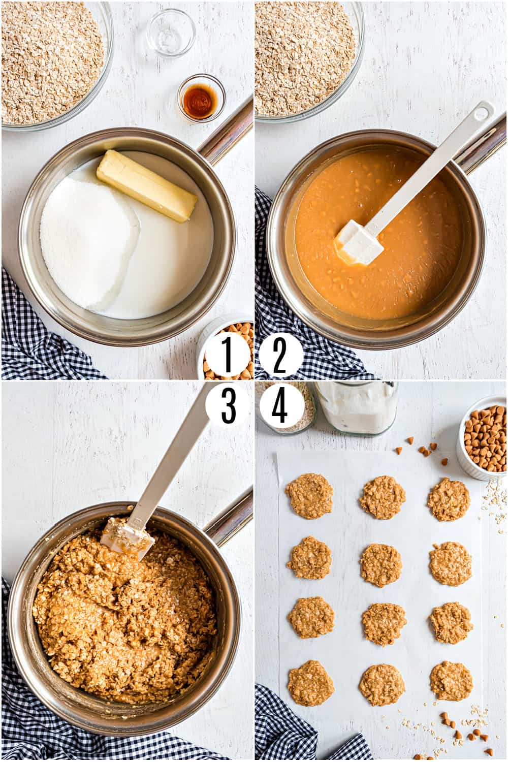 Step by step photos showing how to make no bake oatmeal scotchies.