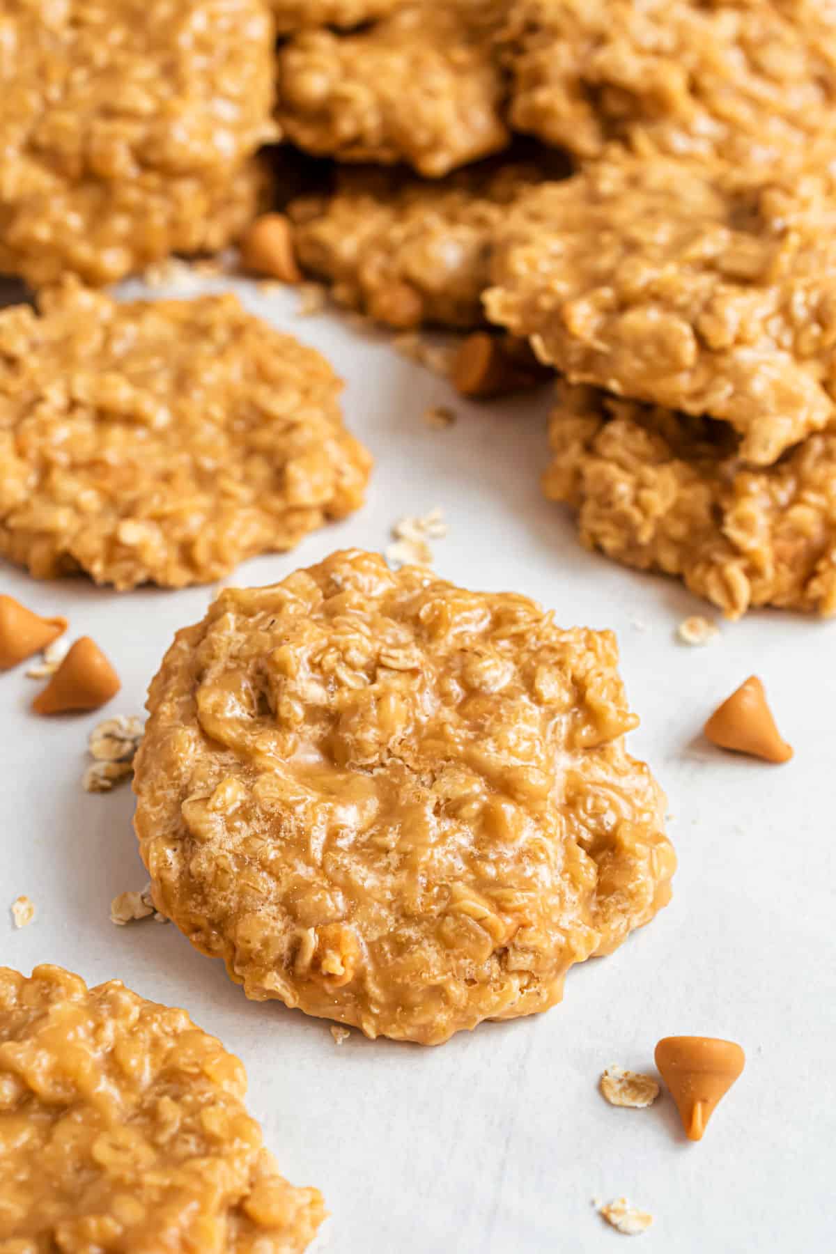 No bake oatmeal butterscotch cookies on parchment paper.