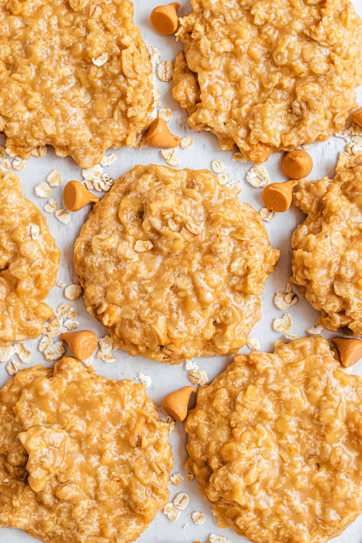 Oatmeal butterscotch cookies on parchment paper.