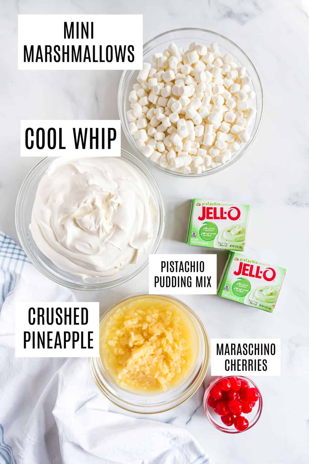 Ingredients needed to make pistachio fluff salad.