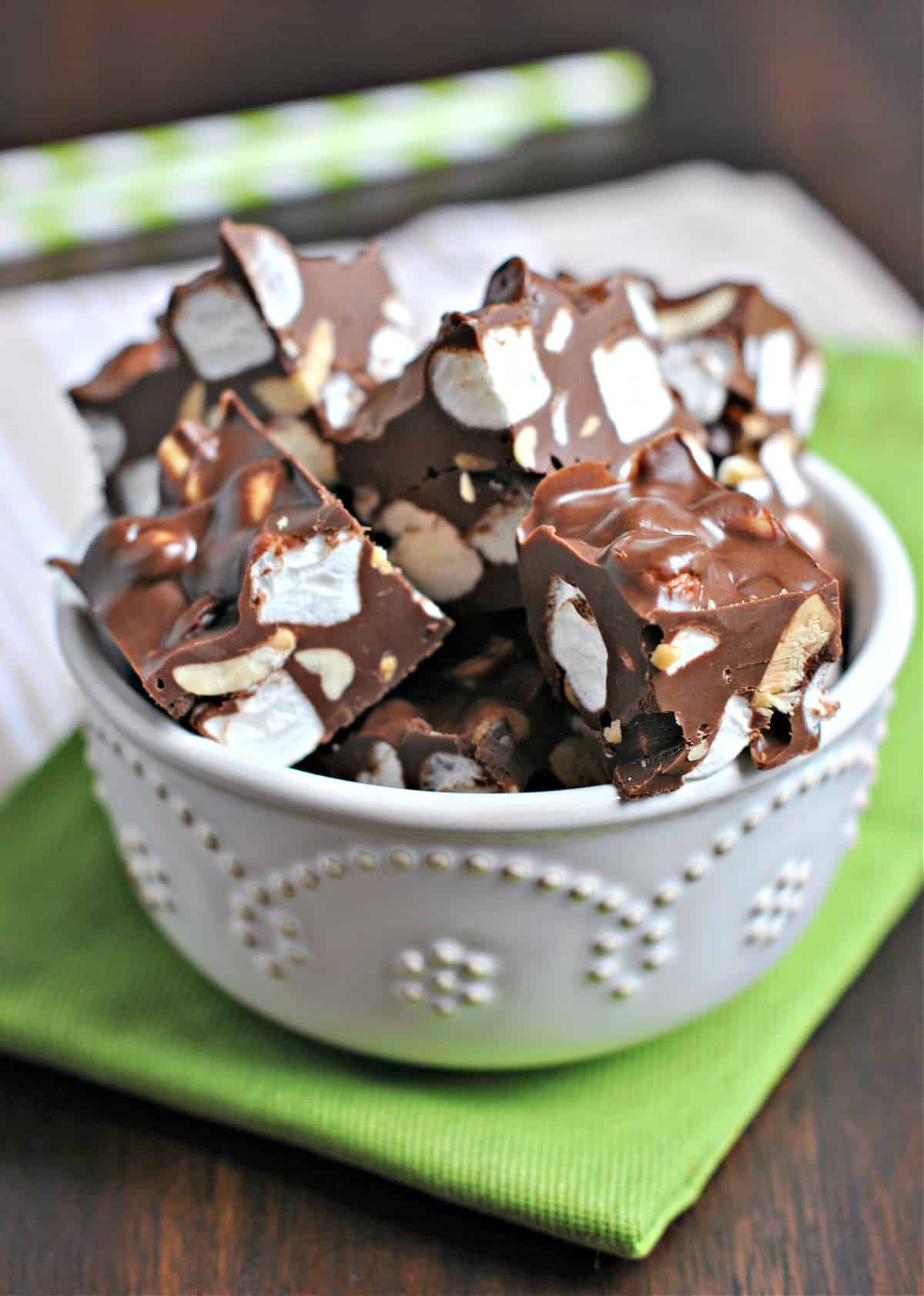 Rocky road fudge in a white bowl.