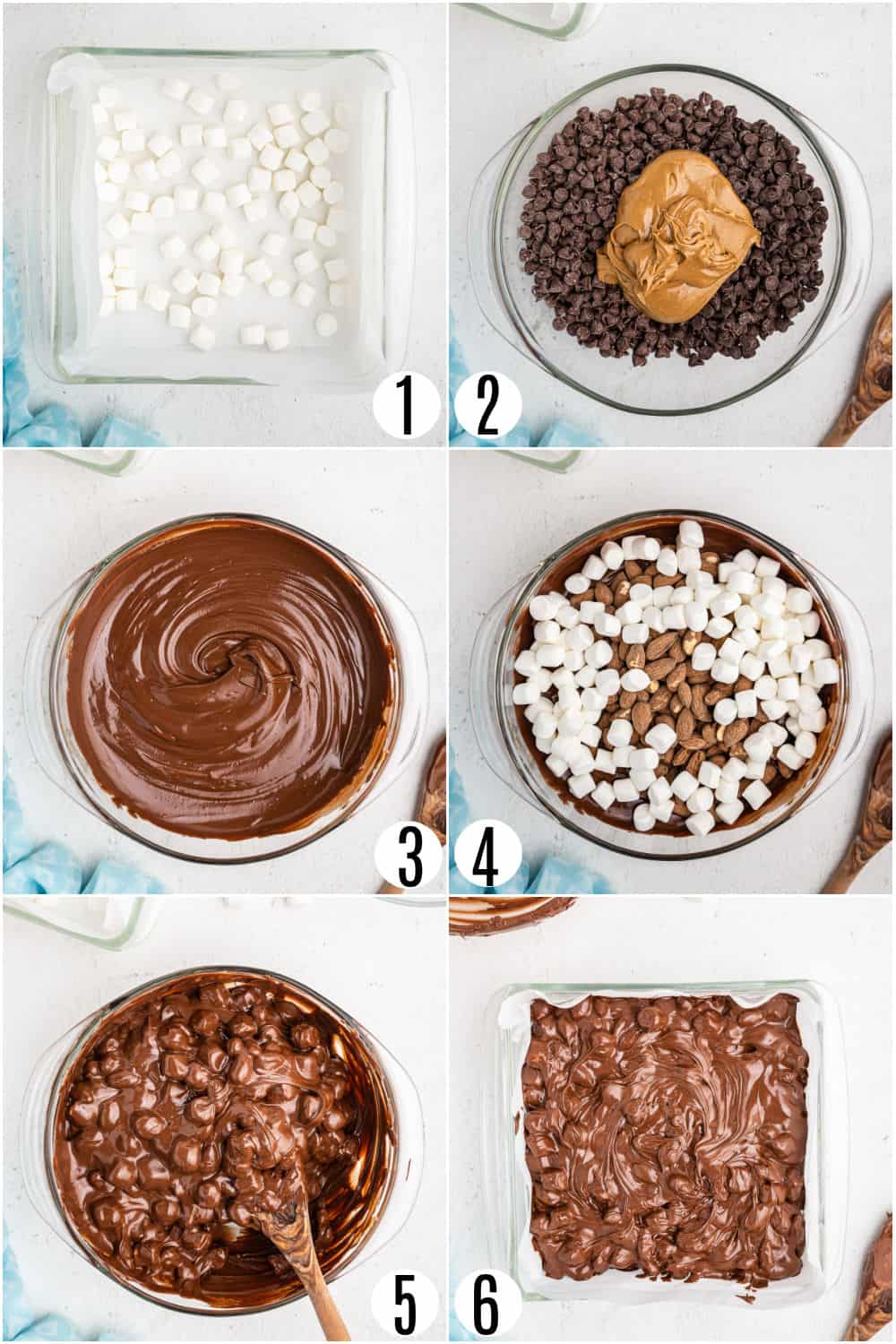 Step by step photos showing how to make rocky road fudge.