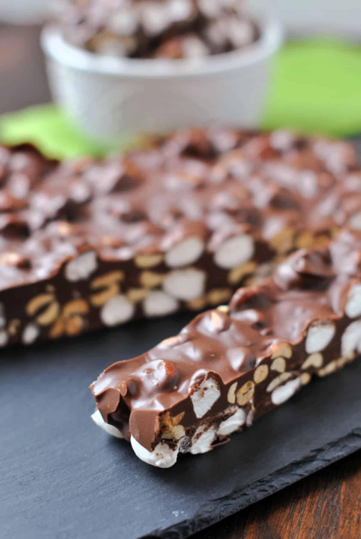 Rocky road fudge cut into strips.