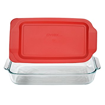 Pyrex Basics 3 Quart Glass Oblong Baking Dish with Red Plastic Lid - 9 inch x 13 Inch