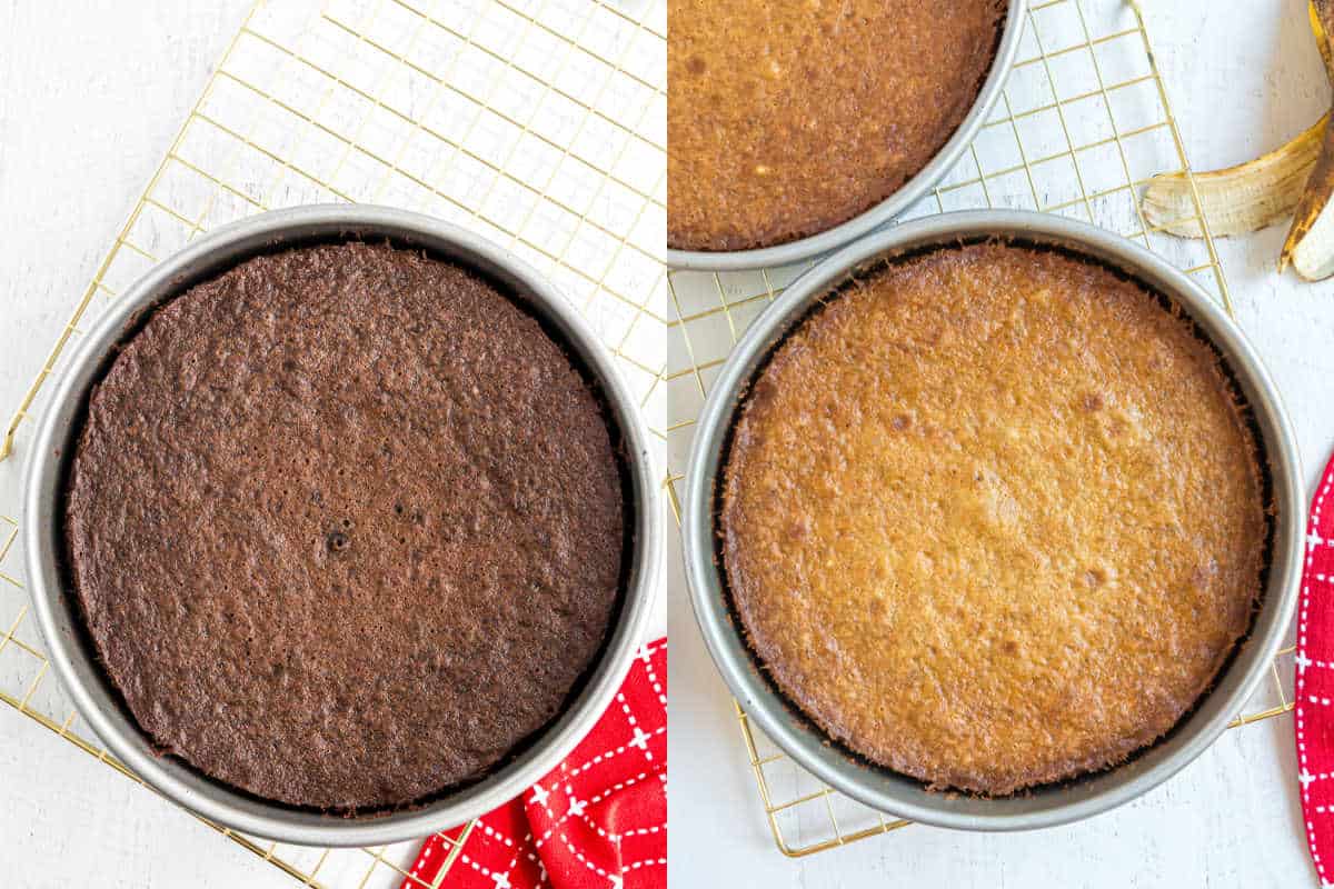 Step by step photos showing the three layers of banana split cake.