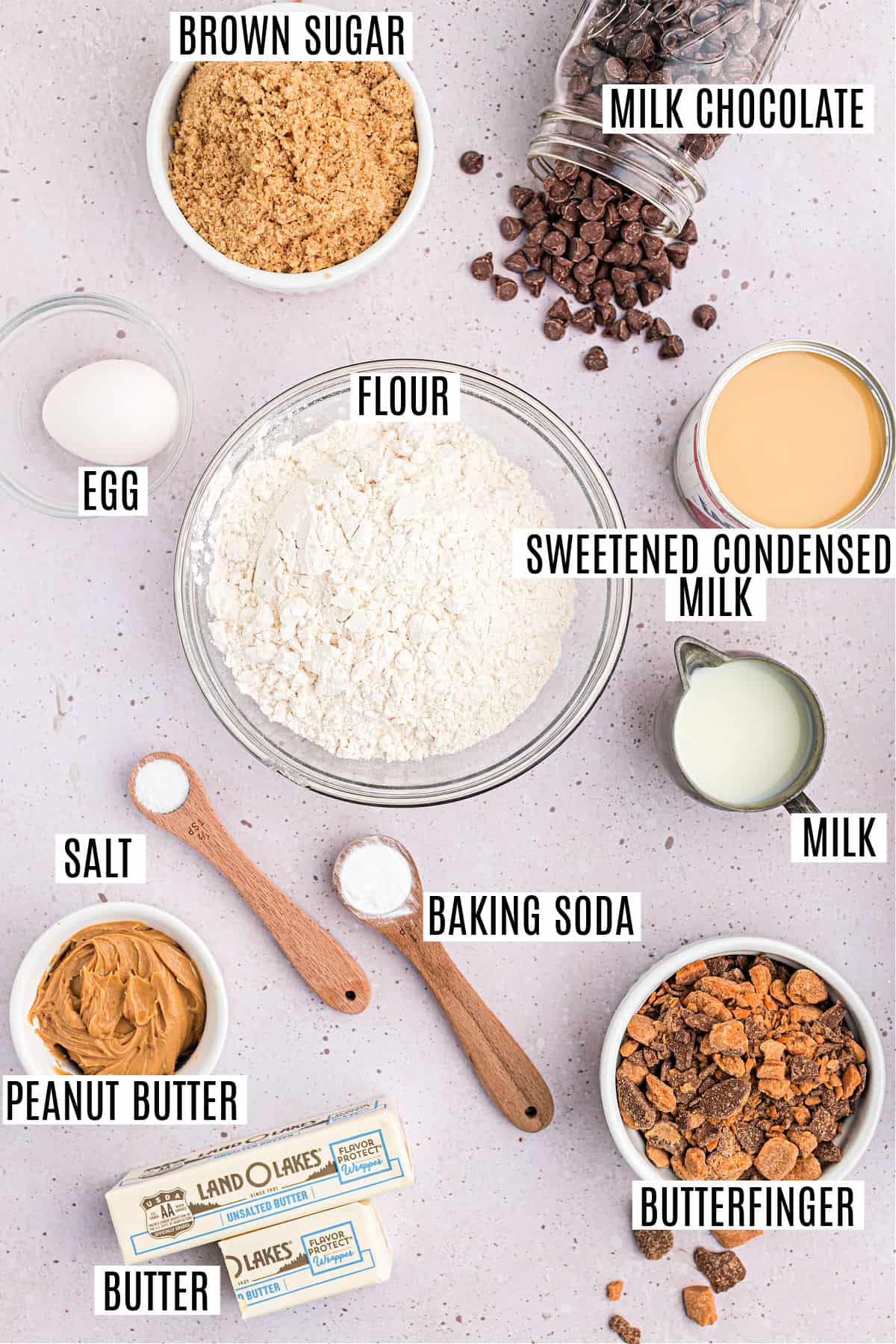 Ingredients needed to make butterfinger fudge bars.