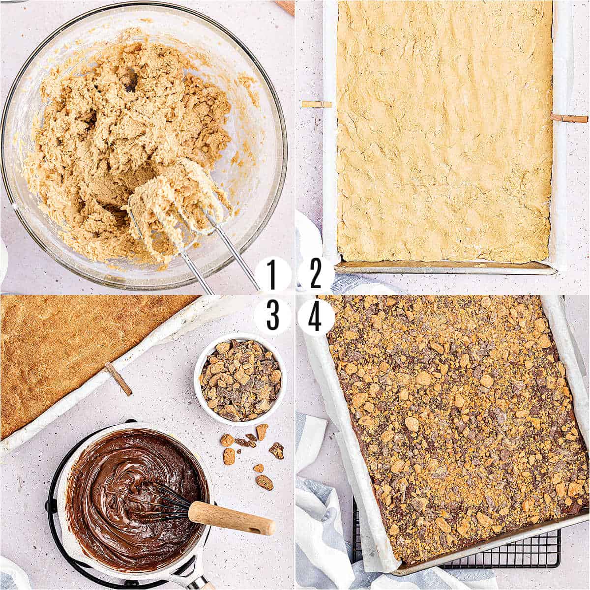 Step by step photos showing how to make butterfinger cookie bars.