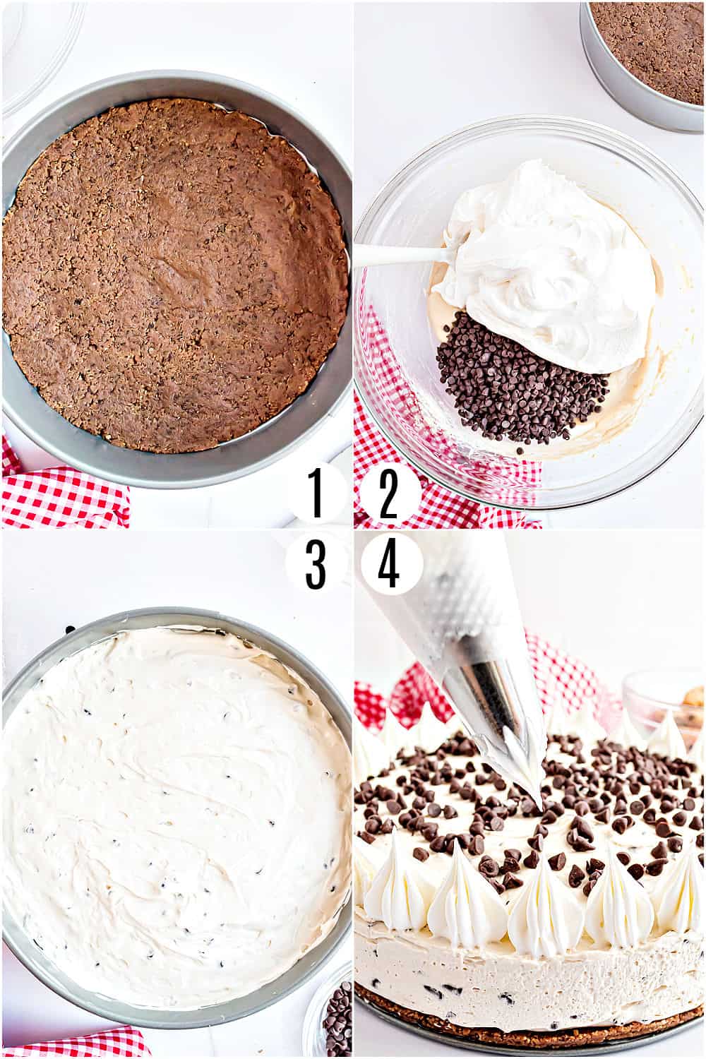 Step by step photos showing how to make chocolate chip cookie cheesecake.