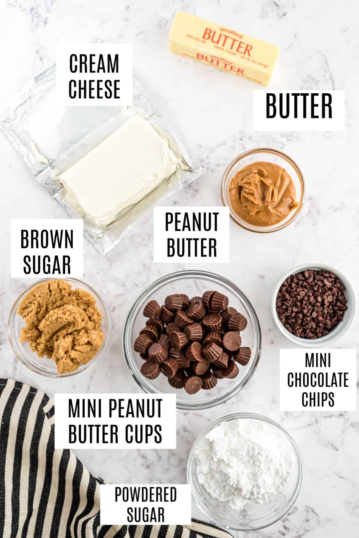 Ingredients needed to make Reese's peanut butter cookie dough dip.