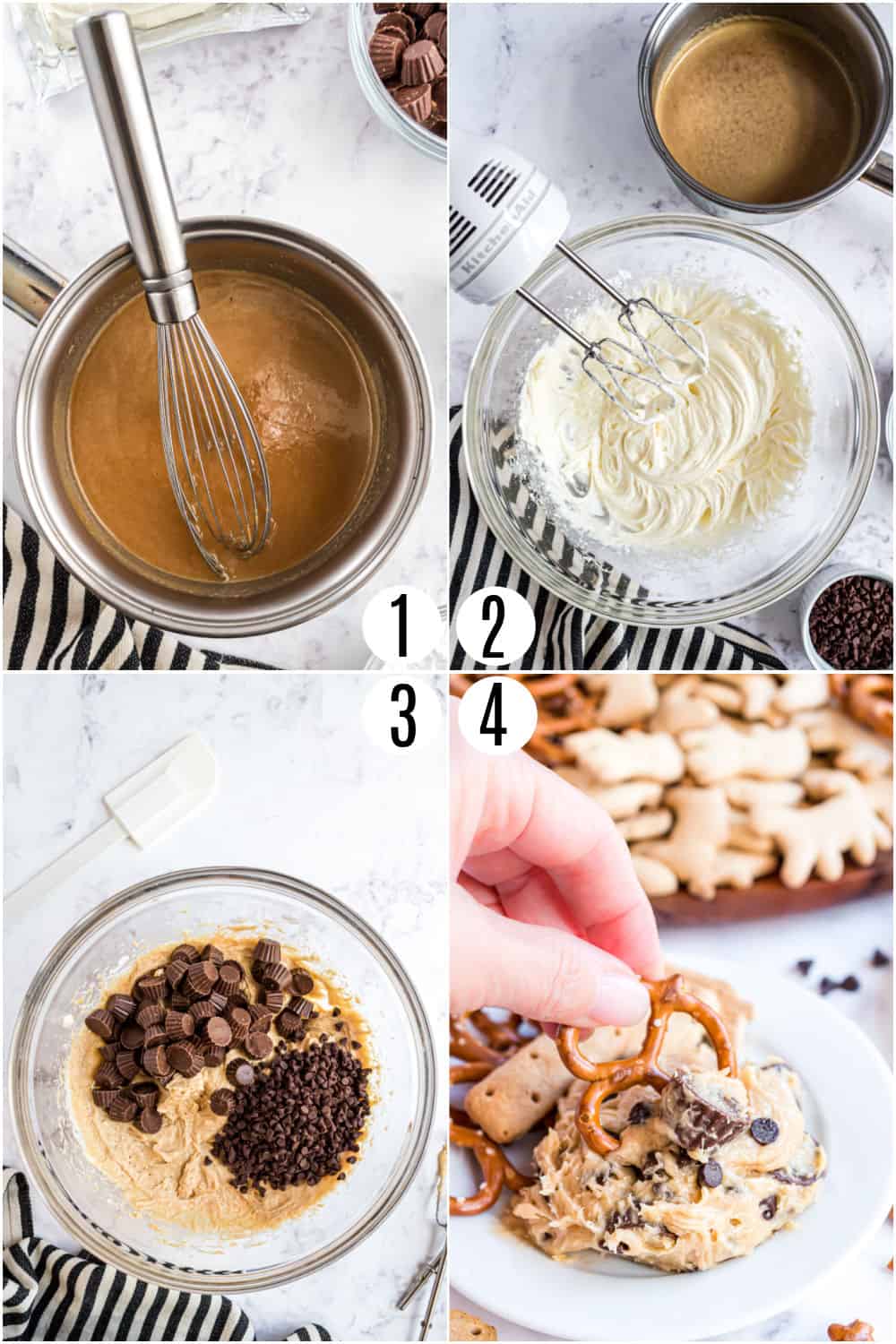 Step by step ingredients to make peanut butter cookie dough dip.