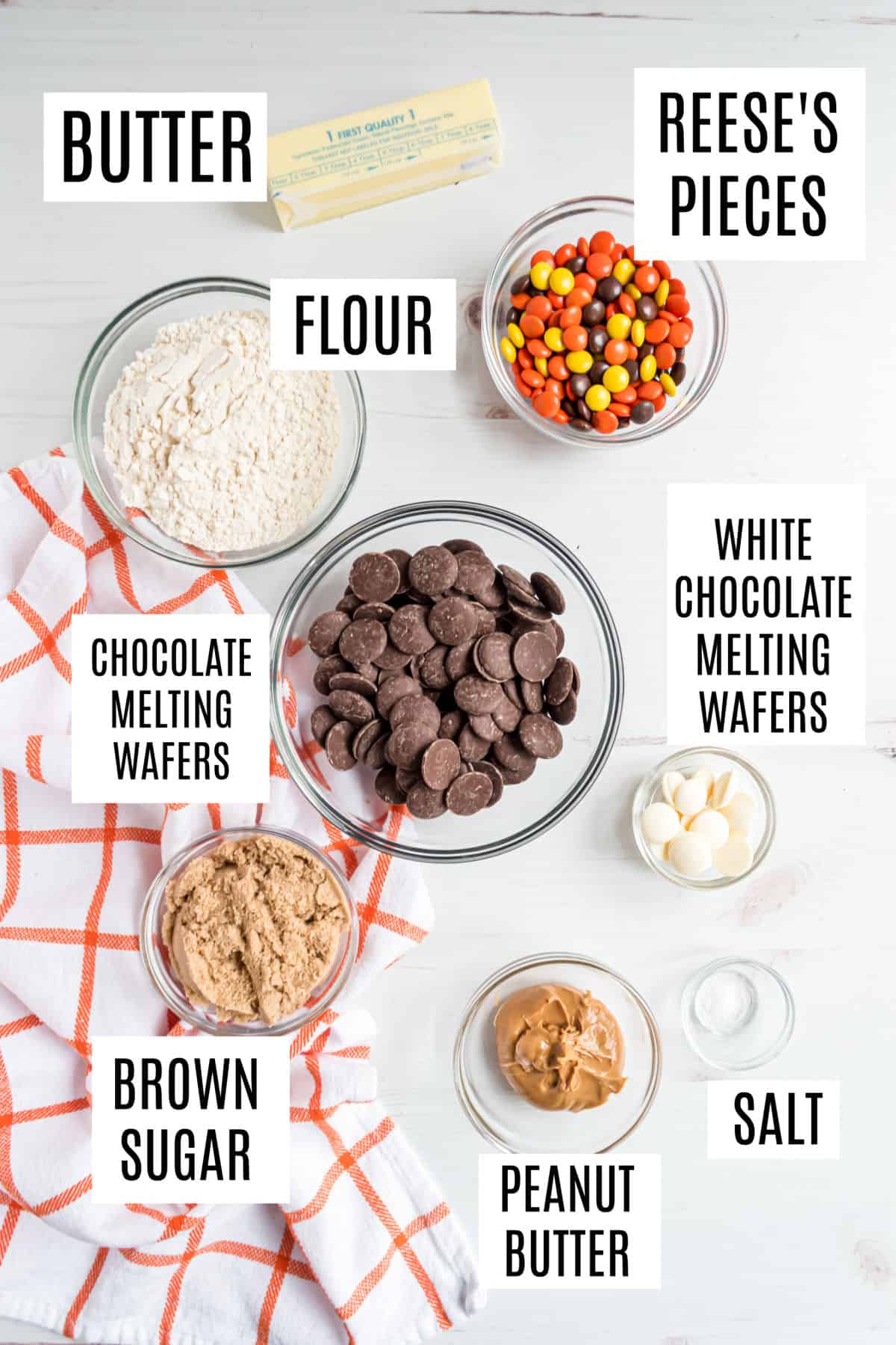 Ingredients needed to make peanut butter cookie dough truffles.
