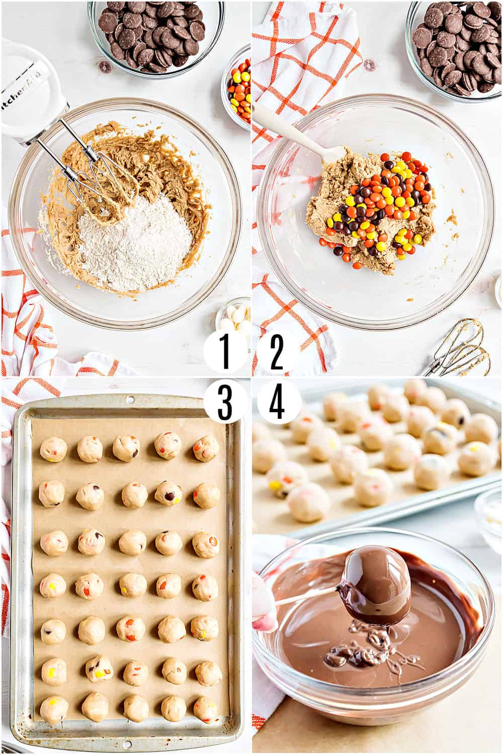 Step by step photos showing how to make peanut butter cookie dough balls.
