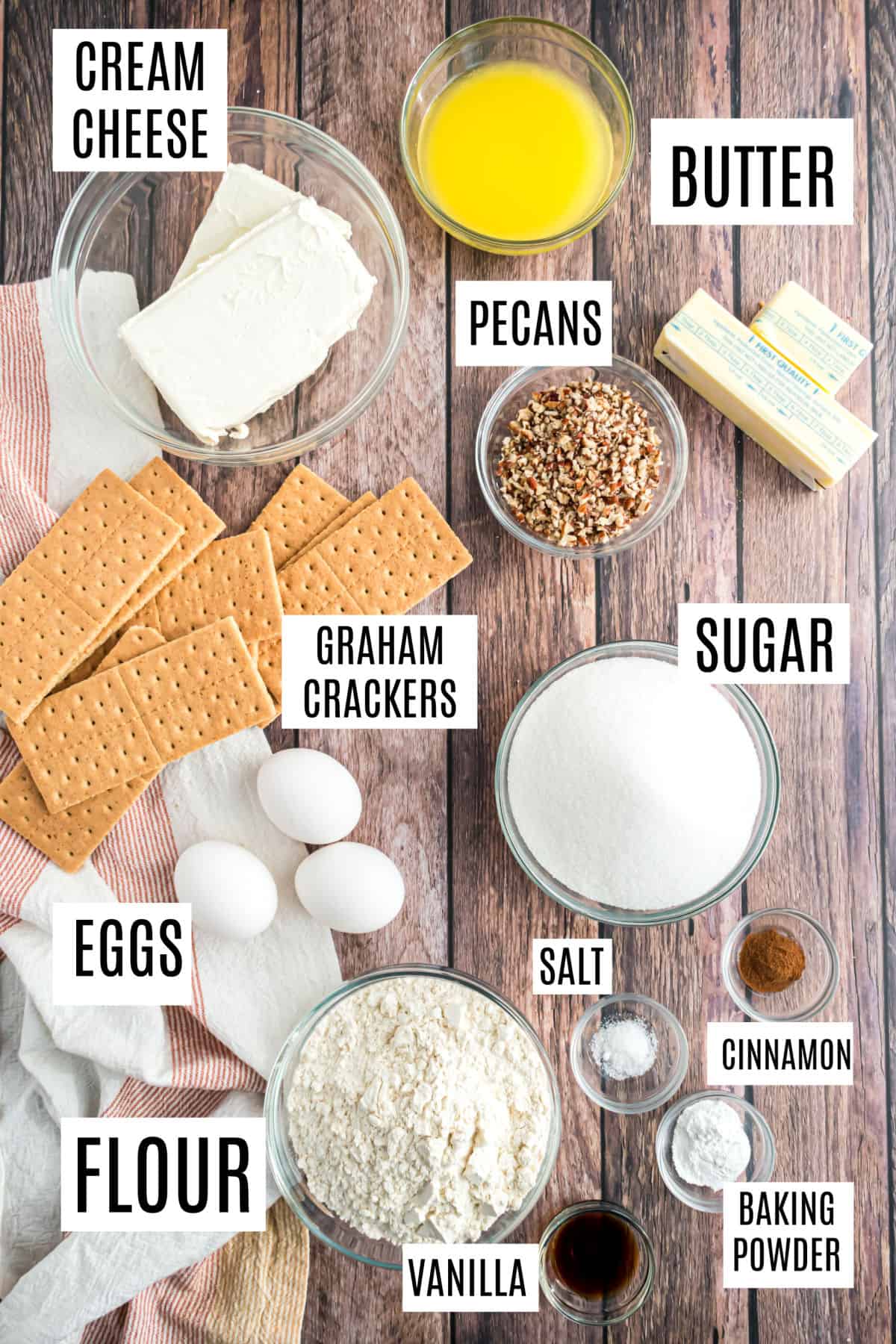 Ingredients needed to make snickerdoodle cheesecake bars.