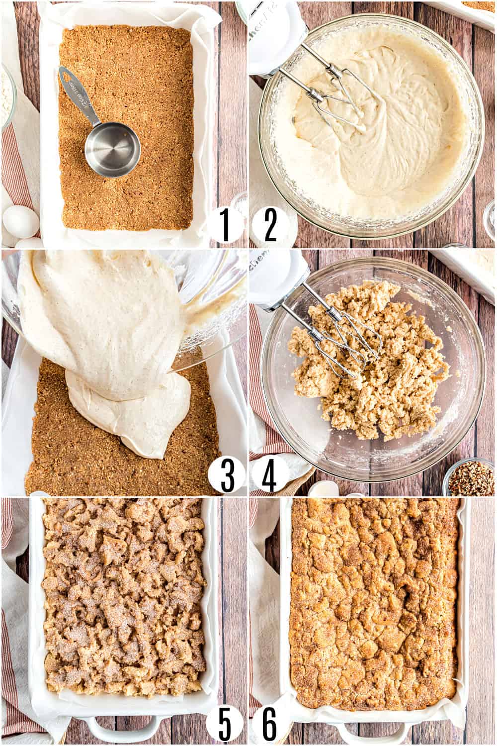 Step by step photos showing how to make snickerdoodle cheesecake bars.