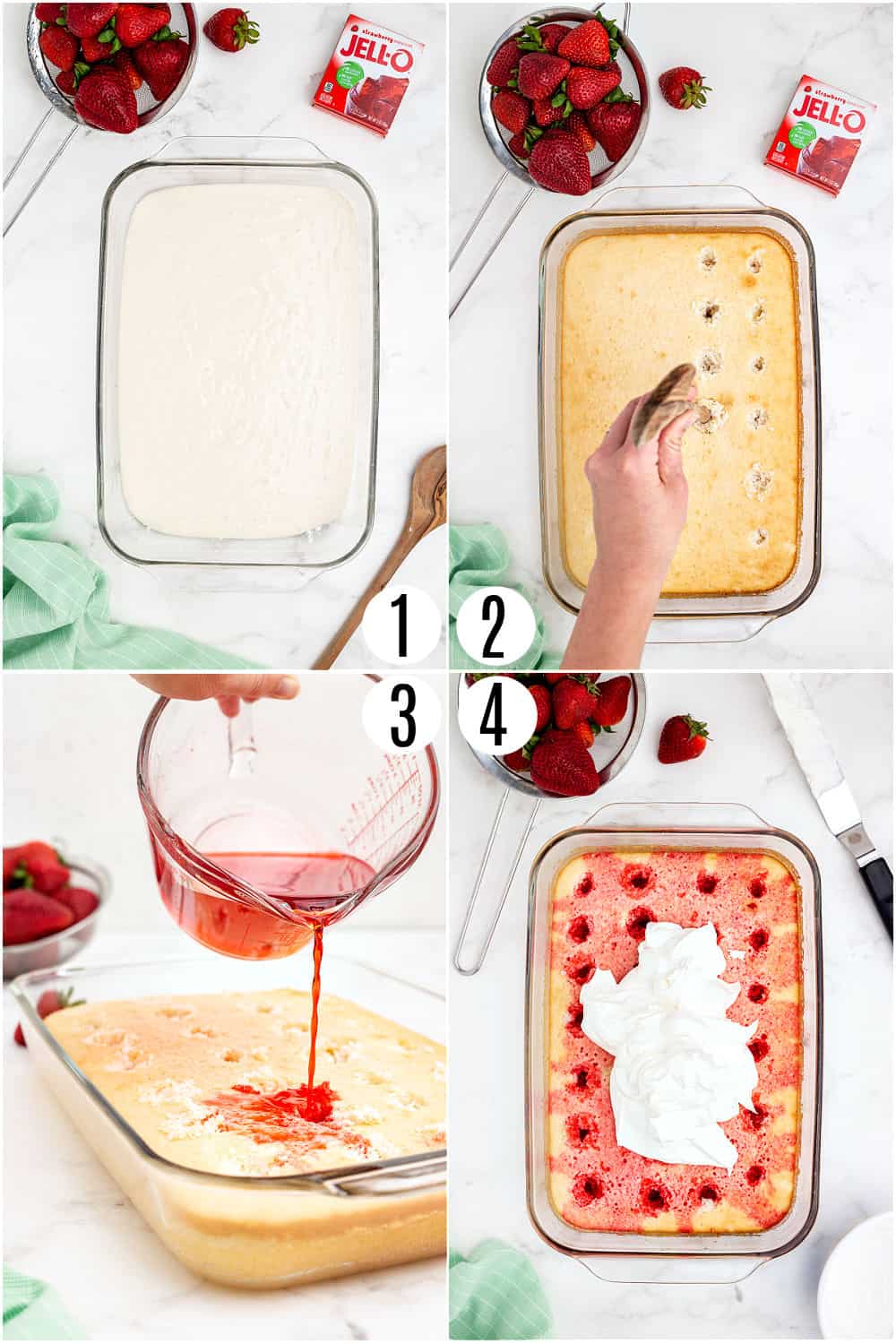 Step by step photos showing how to make jello poke cake with strawberry gelatin mix.