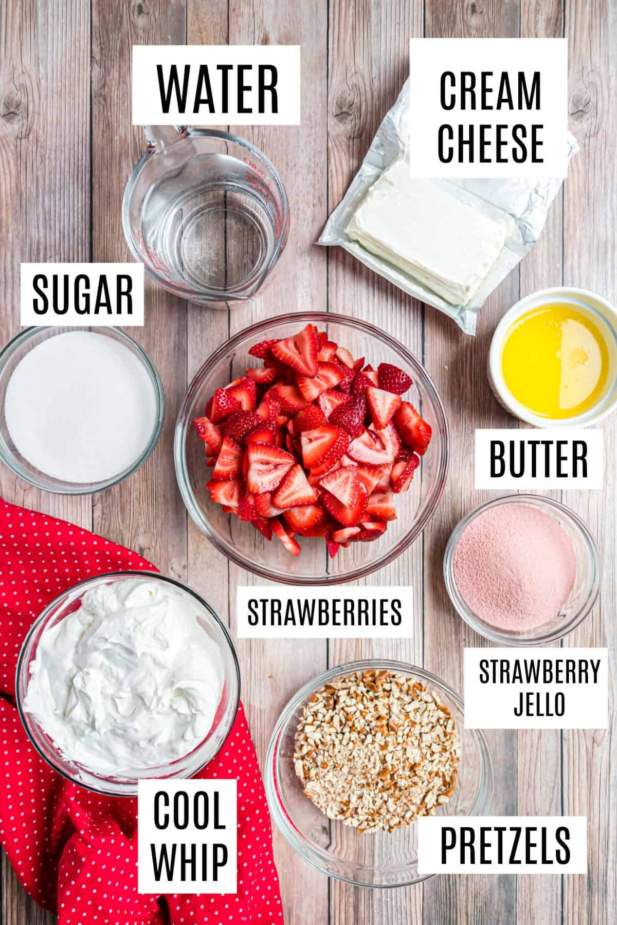 Ingredients needed to make strawberry pretzel jello.