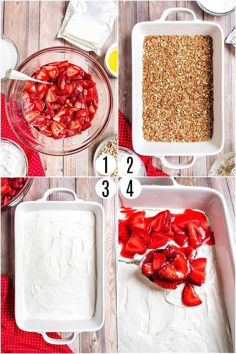 Step by step photos showing how to make strawberry pretzel salad.