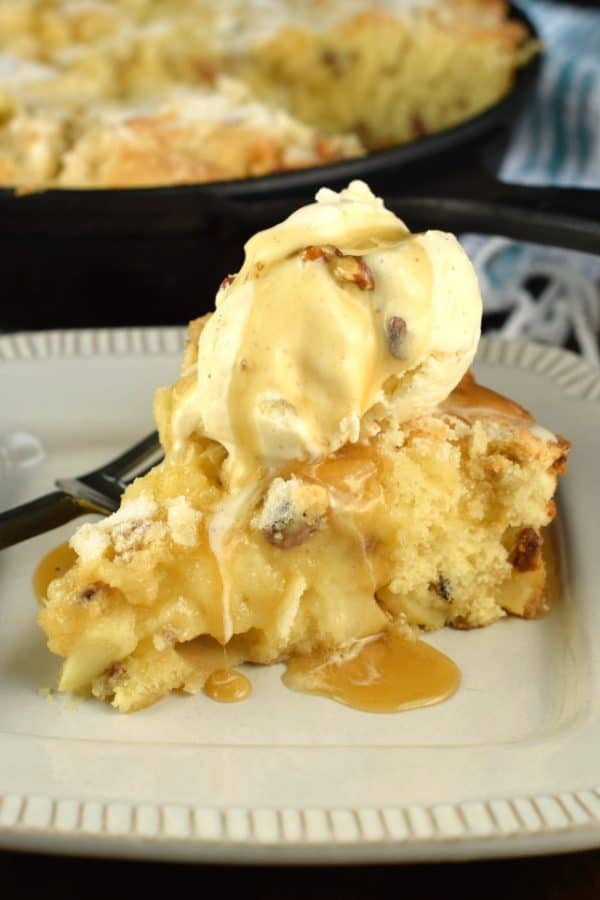 butter pecan apple skillet cake with bourbon caramel sauce