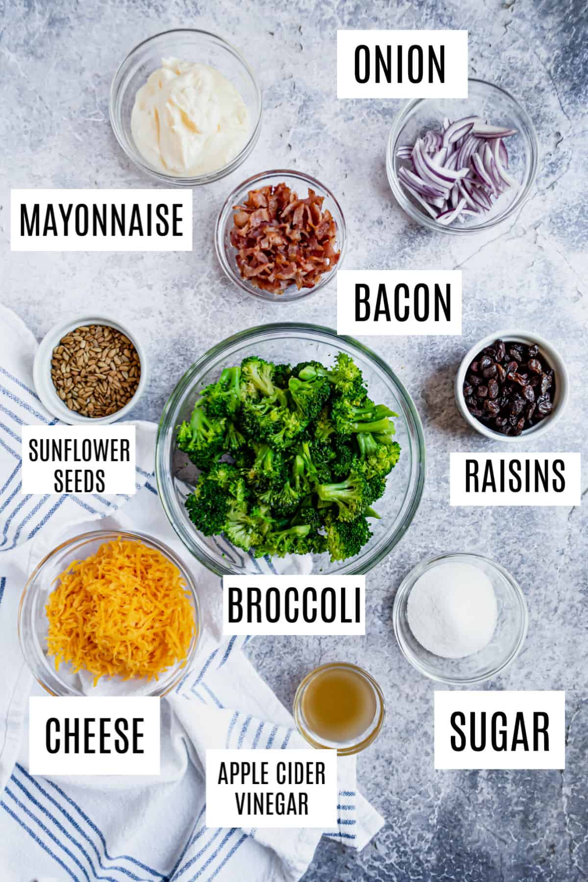 Ingredients needed to make broccoli salad.