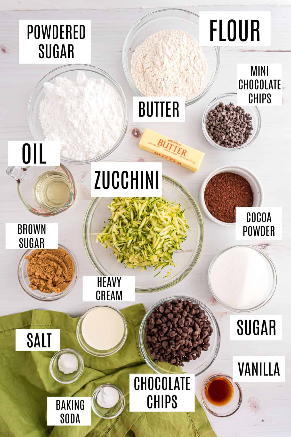 Ingredients needed to make chocolate chip zucchini brownies.
