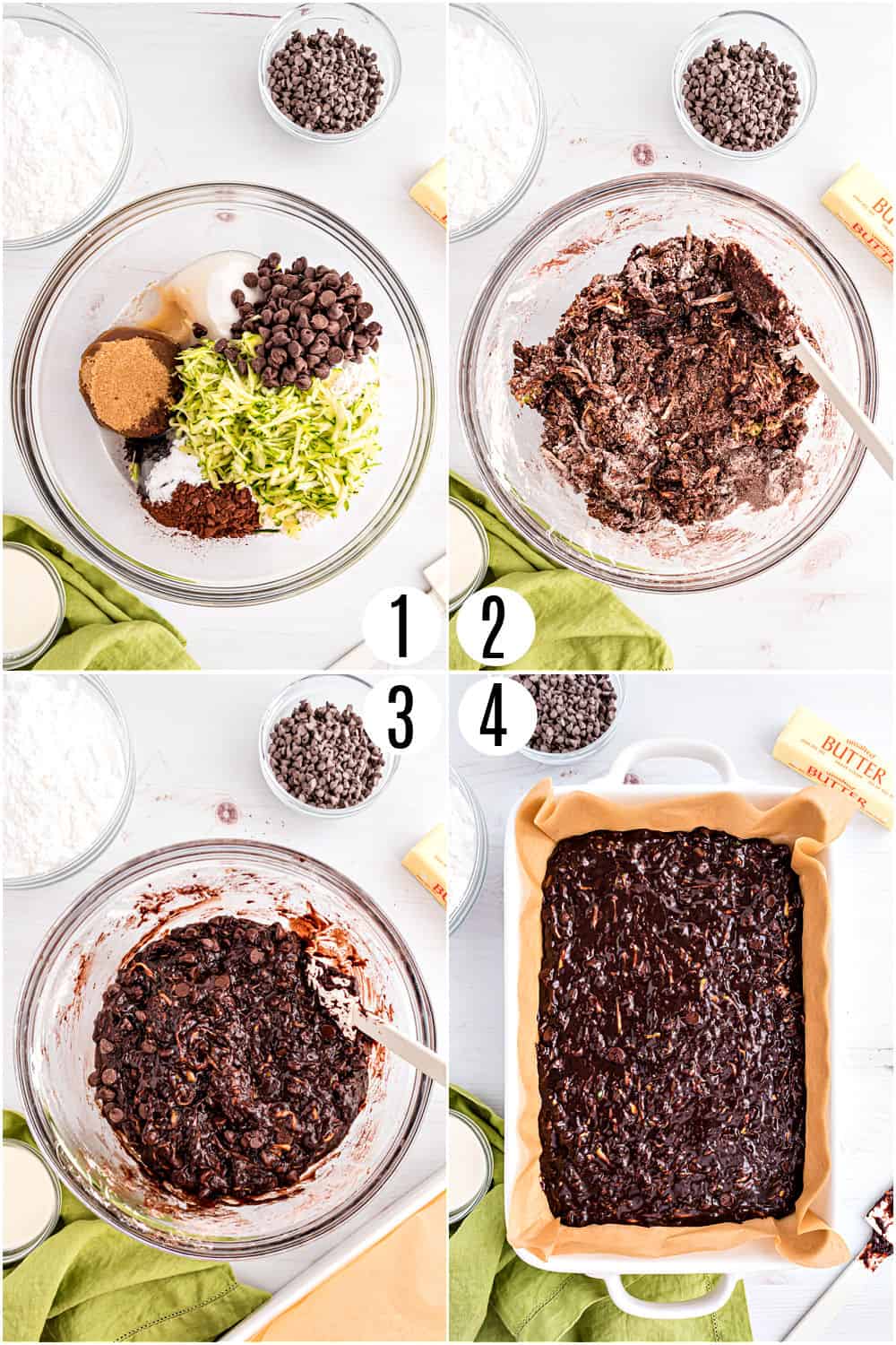 Step by step photos showing how to make zucchini brownies.