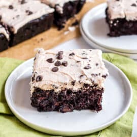 These Chocolate Chip Zucchini Brownies are the perfect way to sneak veggies into dessert. The zucchini makes these brownies fudgy and moist, and the chocolate chip frosting is the perfect topping!