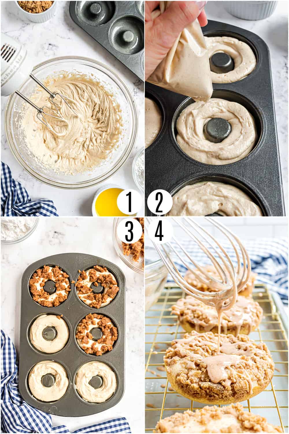 Step by step photos showing how to make coffee cake donuts.